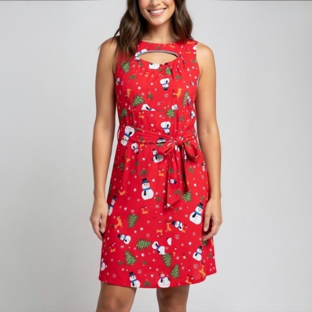 Bonnie Jean Christmas Snowman Sleeveless Fit & Flare Dress Holiday Red Medium